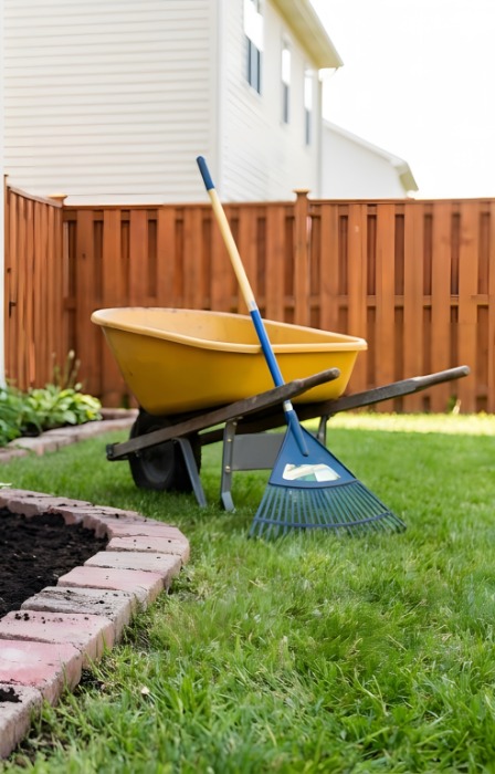 The backyard garden box of a residential home with black mulch in between the house and the brick pavers.