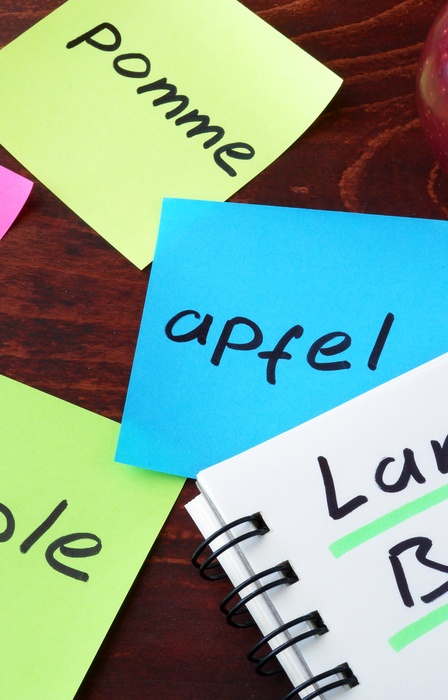 A notepad with the words "language barrier" written on it next to an apple. The word "apple" is written in four languages.