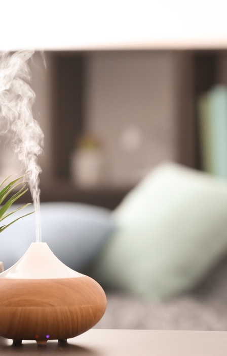 A close-up of an essential oil diffuser emitting steam next to a small desk planter on a wooden table.