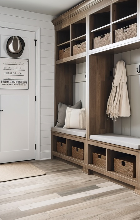 A bright mudroom has built-in wooden benches with white cushions, open cubbies, wall hooks, and wicker storage baskets.