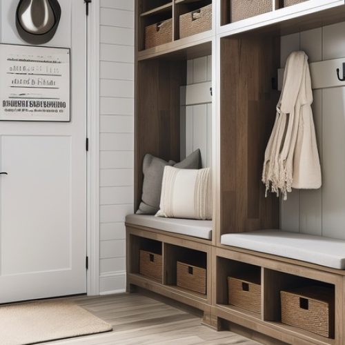 A bright mudroom has built-in wooden benches with white cushions, open cubbies, wall hooks, and wicker storage baskets.